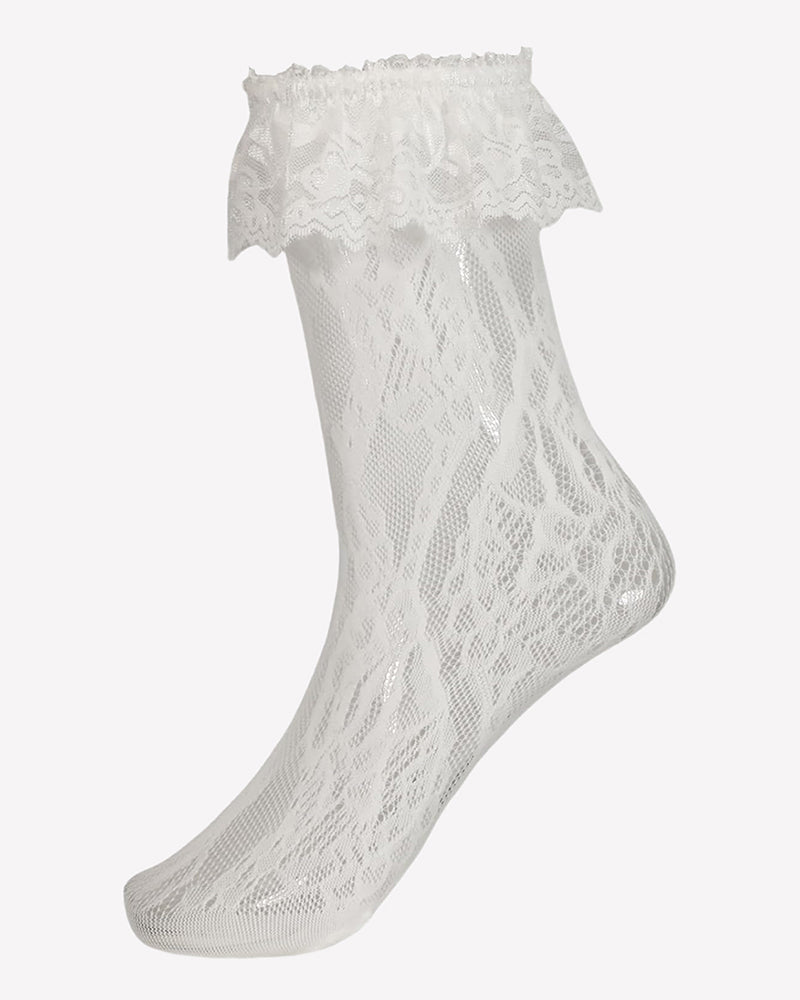 White lace anklet socks with ruffle cuff, sheer lace pattern on foot and leg