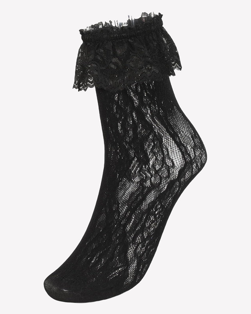 Black lace anklet socks with ruffle cuff, sheer lace knit over foot