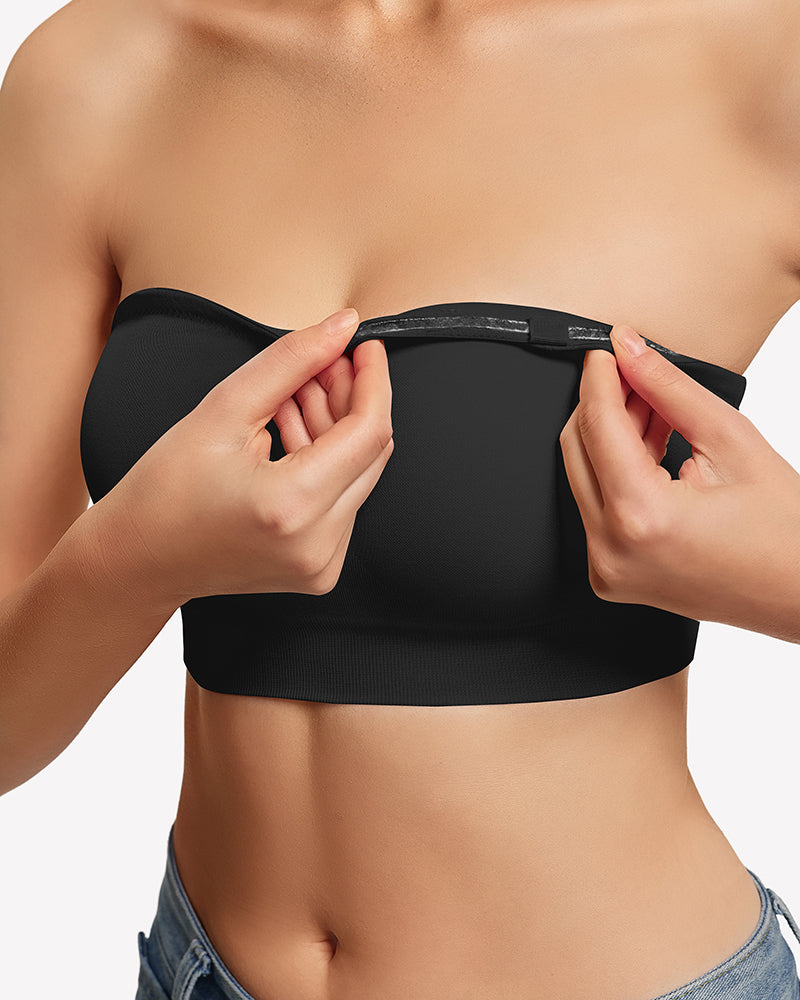 Black strapless bandeau bra close-up with non-slip grip band detail.