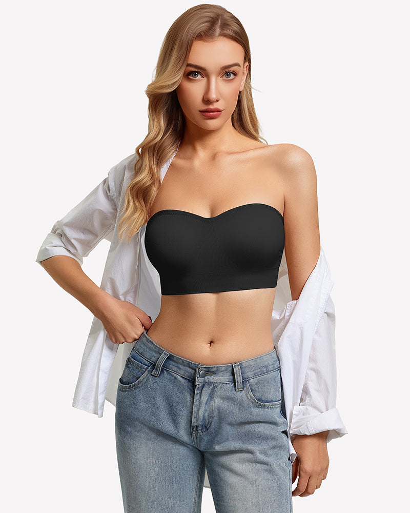 Black strapless push-up bandeau bra with smooth curved neckline.