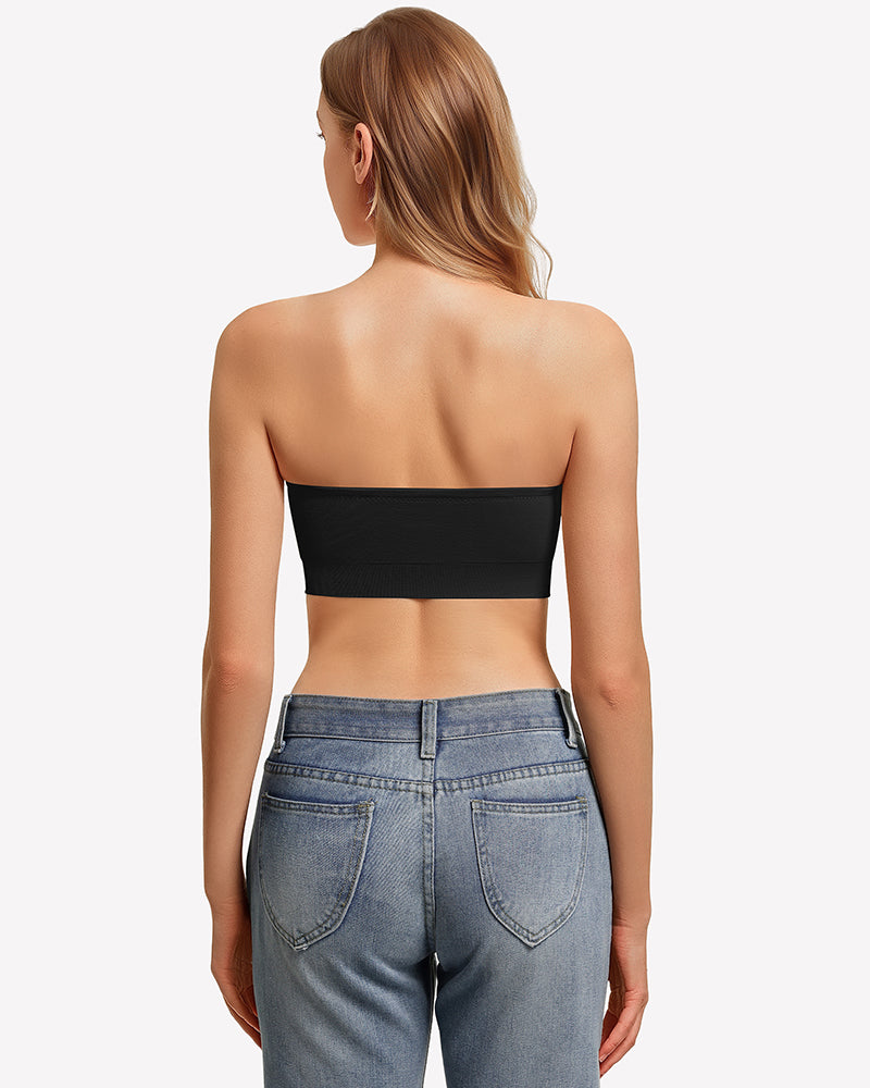Black strapless push-up bandeau bra back view with wide band.