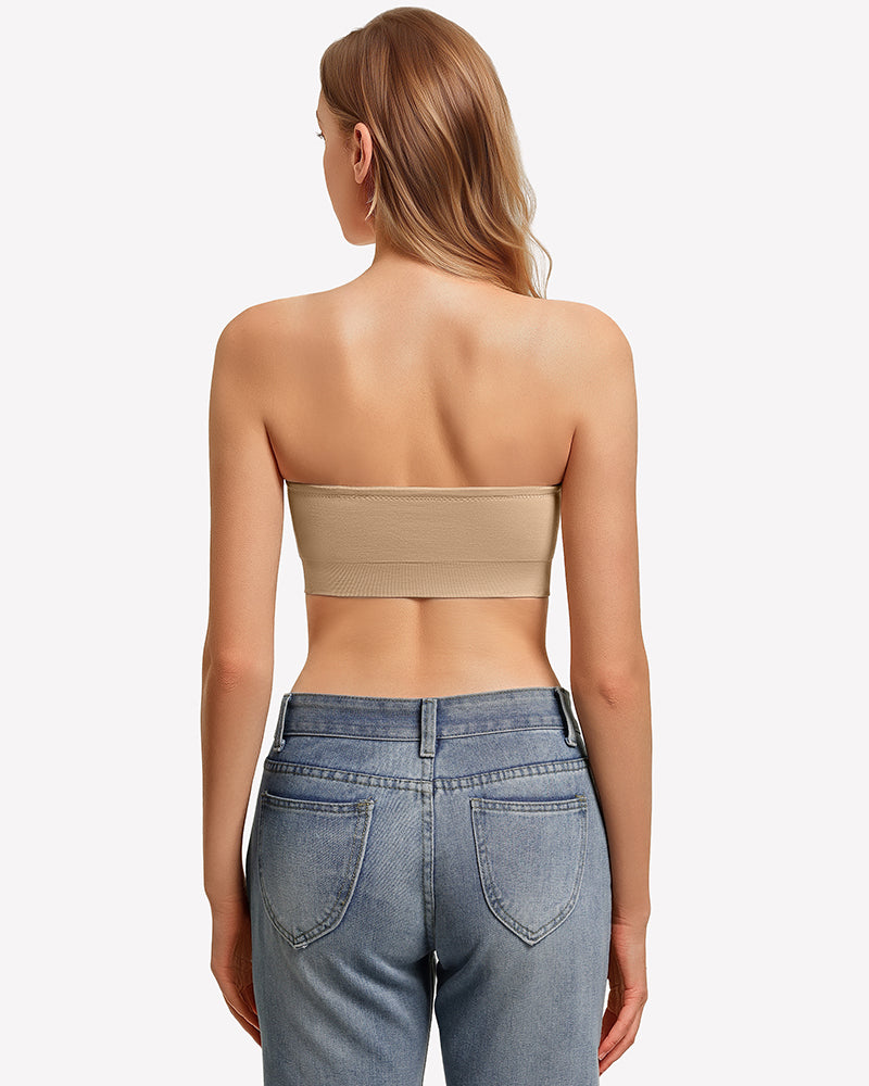 Nude strapless push-up bandeau bra back view with wide band.