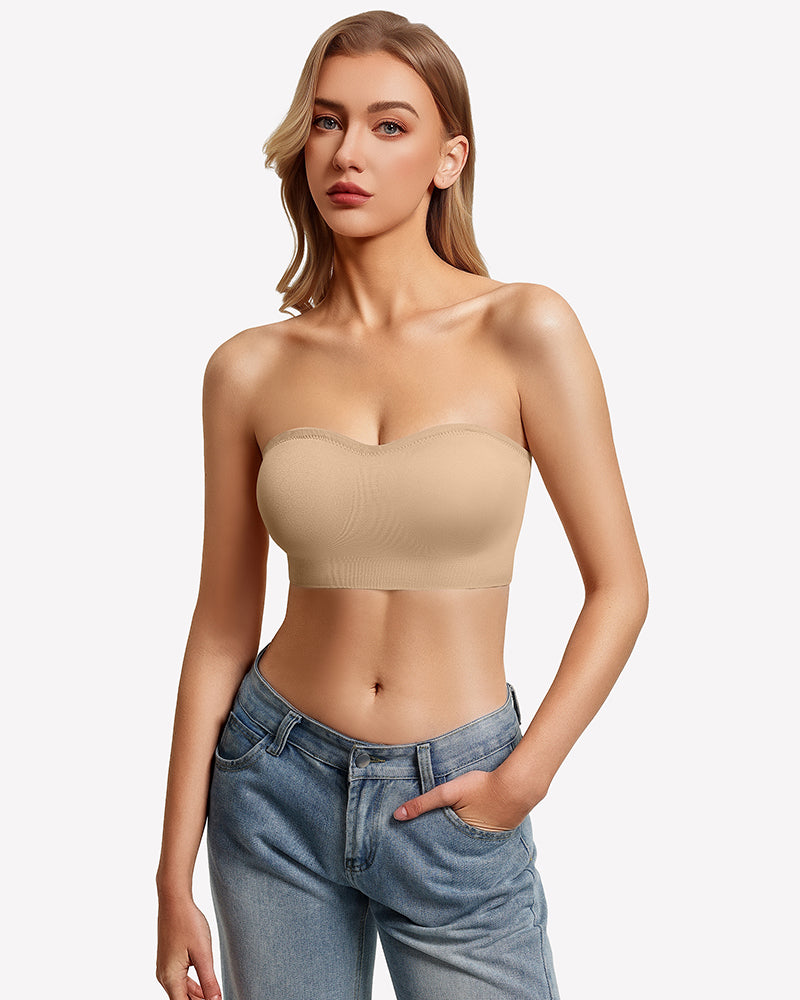 Nude strapless push-up bandeau bra with smooth textured cups.