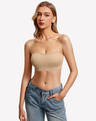 Nude strapless push-up bandeau bra with smooth textured cups.