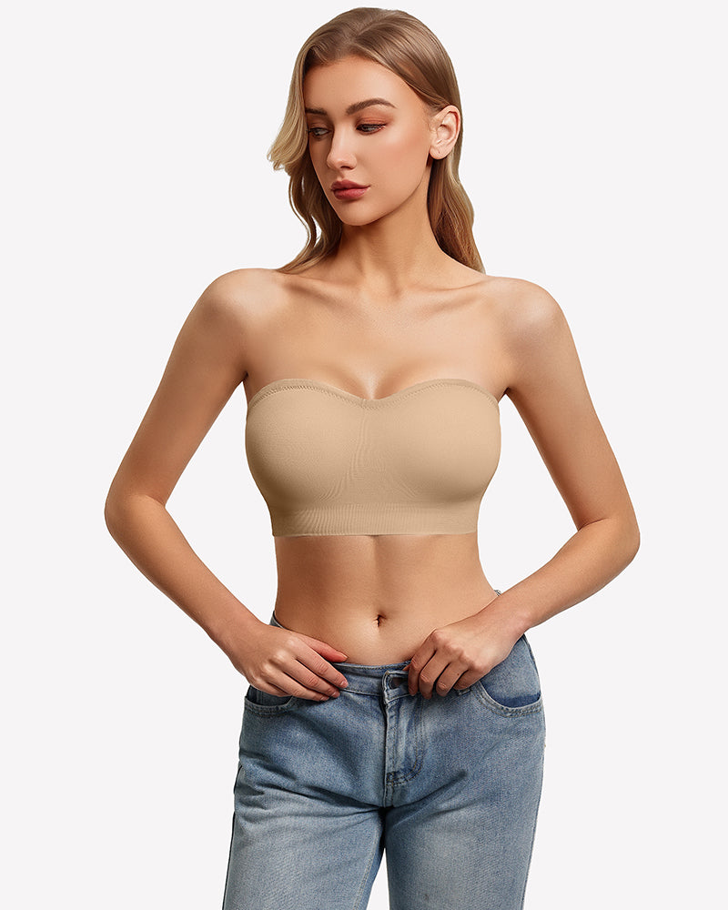 Nude strapless push-up bandeau bra front view with wide underband.
