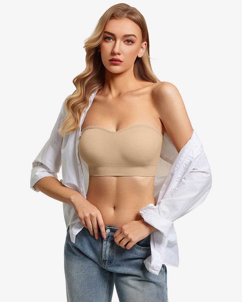 Nude strapless push-up bandeau bra with smooth cups and wide band.
