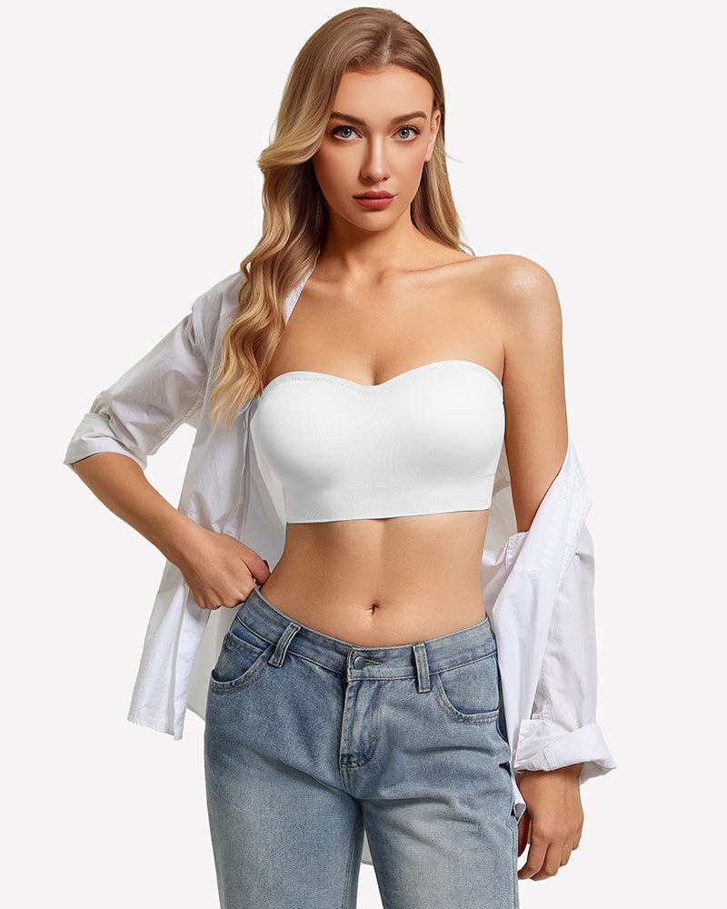 White strapless push-up bandeau bra with smooth curved neckline.