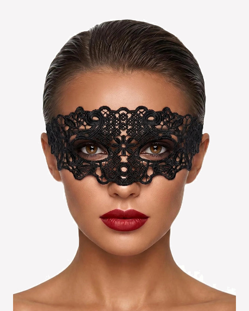 Black lace masquerade eye mask with ornate central cutout design