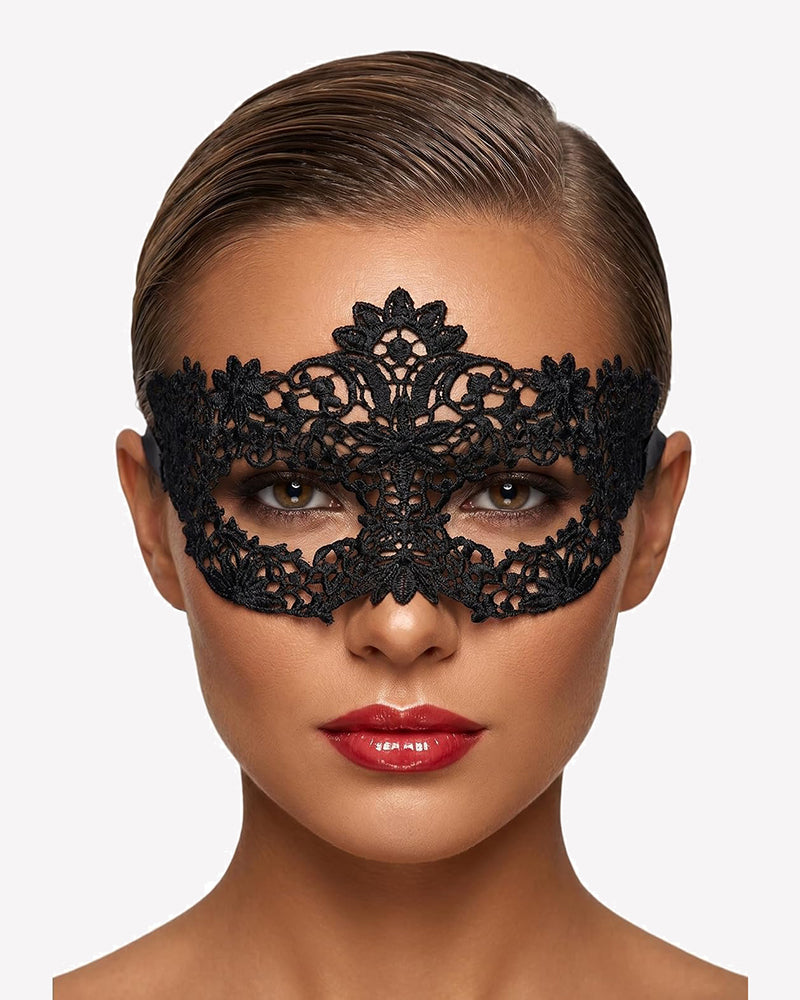 Black lace masquerade eye mask with floral lace overlay and scalloped edges