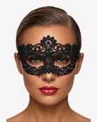 Black lace masquerade eye mask with floral lace overlay and scalloped edges