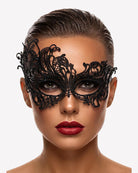 Black lace masquerade eye mask with dramatic winged filigree around the eyes