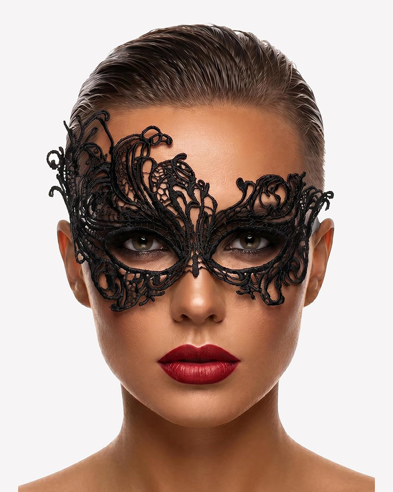 Black lace masquerade eye mask with dramatic winged filigree around the eyes