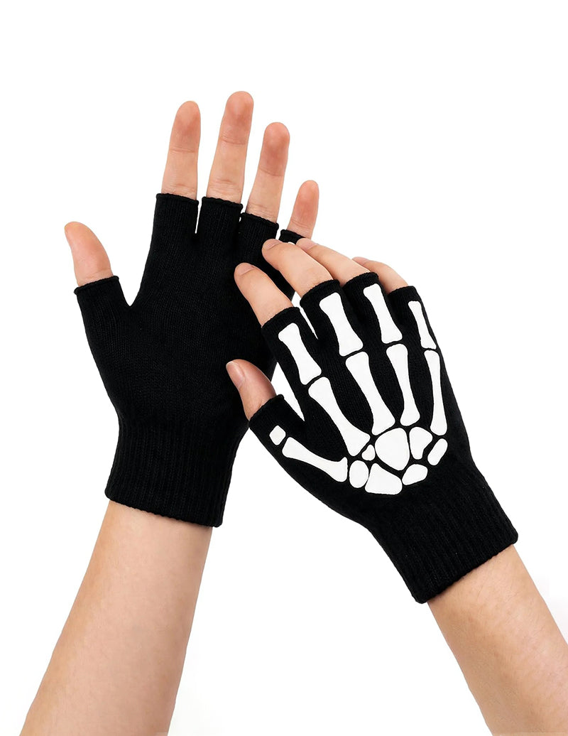 Black skeleton print knit half-finger gloves with open fingertips