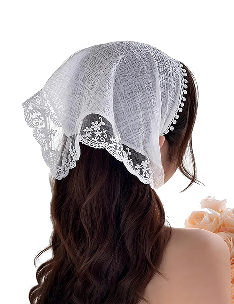 White sheer lace bandana head scarf with floral trim and scalloped edge