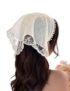 Beige sheer lace bandana head scarf with floral trim and scalloped edge