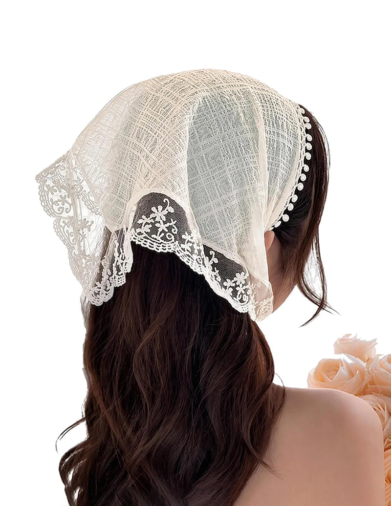 Beige sheer lace bandana head scarf with floral trim and scalloped edge
