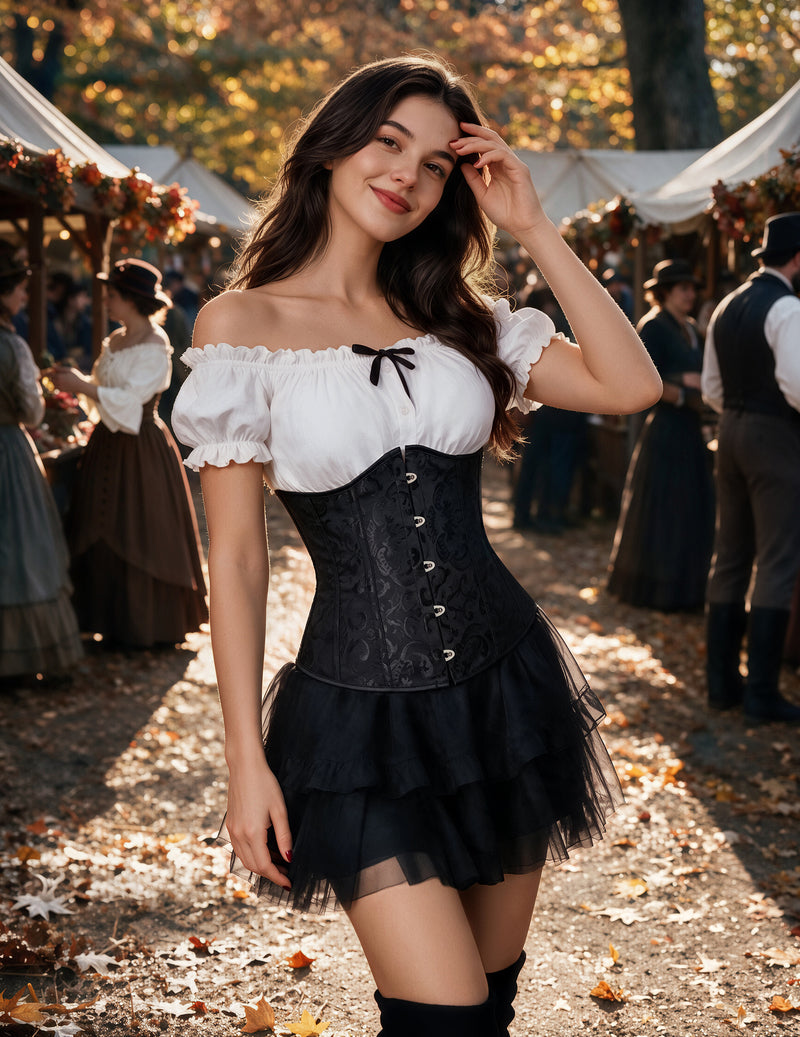 Black underbust corset top with front busk, black lace-up, and white off-shoulder bodice