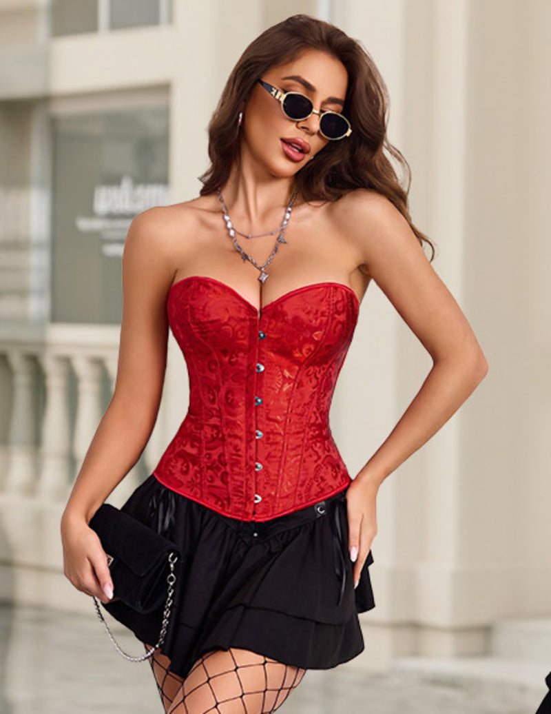 Red overbust corset top with sweetheart neckline and front button busk closure