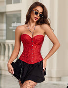 Red overbust corset top with sweetheart neckline and front button busk closure
