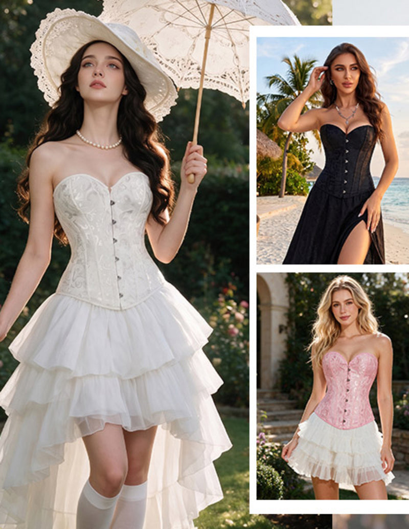 White strapless overbust corset with sweetheart neckline and tiered ruffle skirt