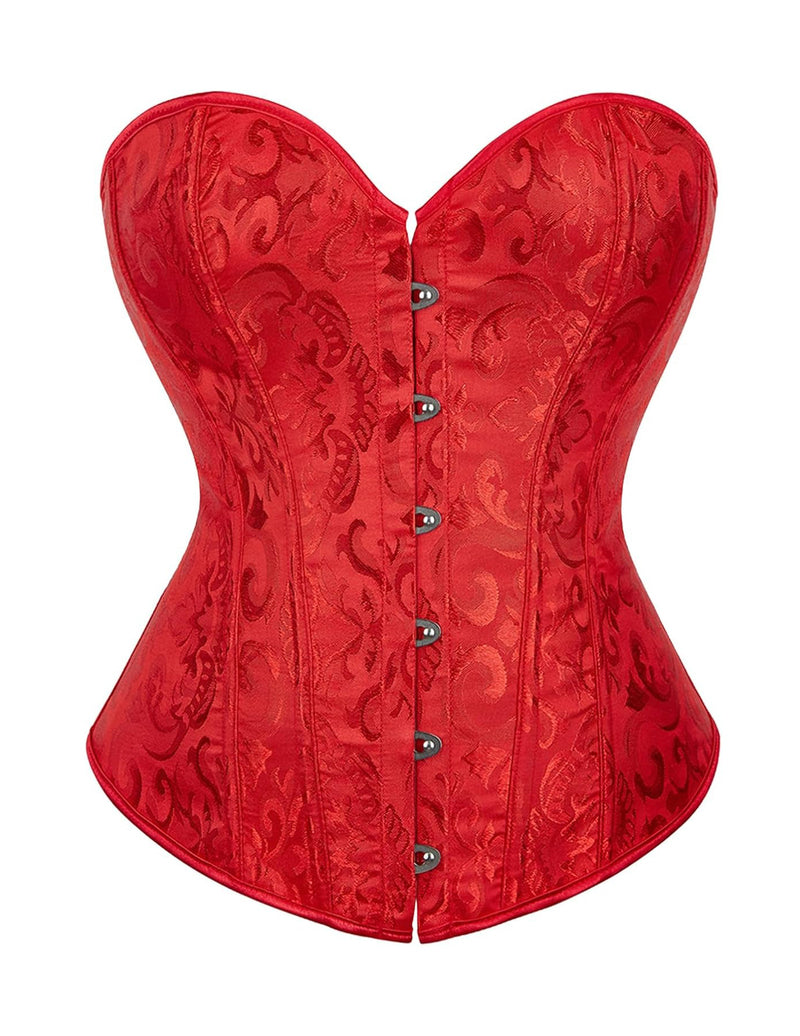 Red jacquard overbust corset with boned waist and front button busk closure