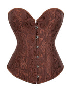 Brown jacquard overbust corset with boned shaping and front button busk closure