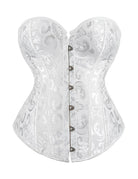 White jacquard overbust corset with boned waist and front button busk closure