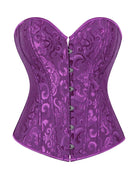 Dark purple jacquard overbust corset with boned sides and front button busk closure