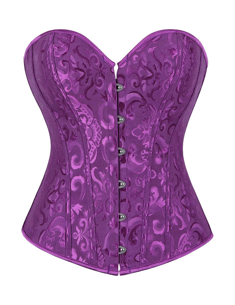 Dark purple jacquard overbust corset with boned sides and front button busk closure