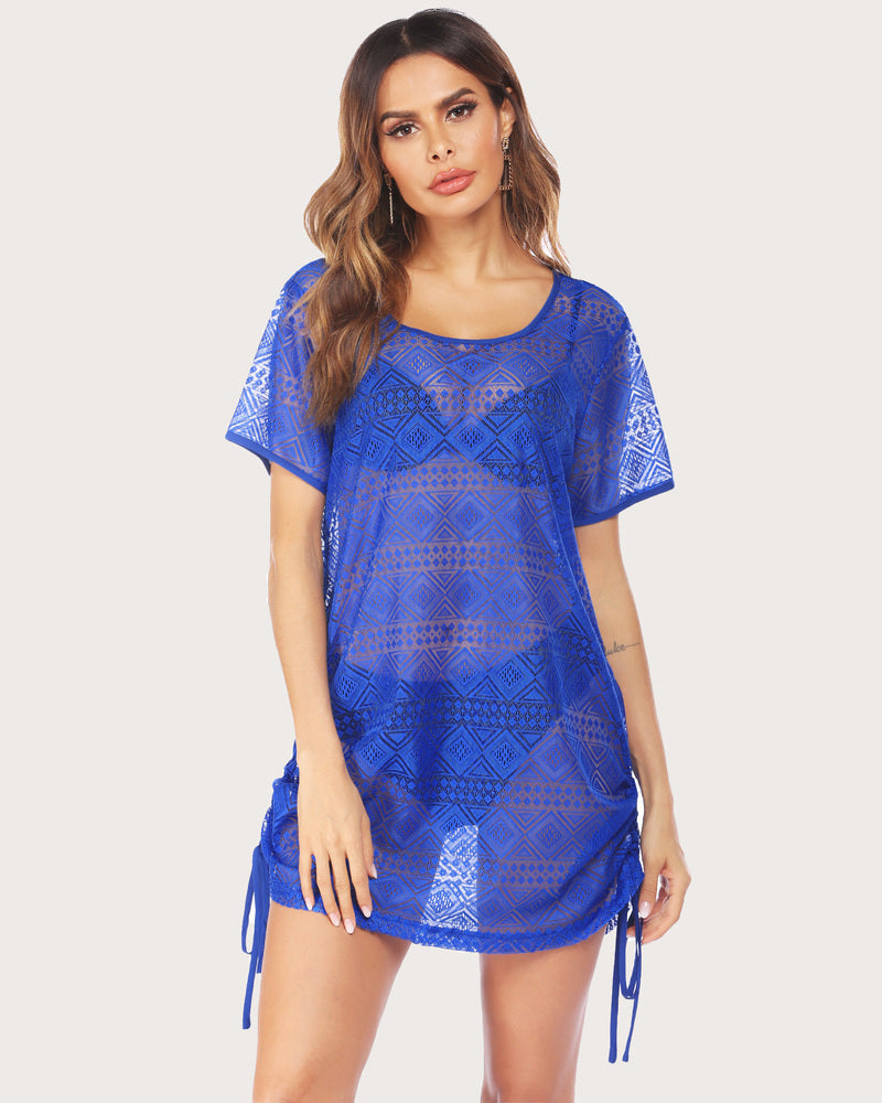 Blue lace beach cover-up dress, geometric pattern, short sleeves, side tassel ties
