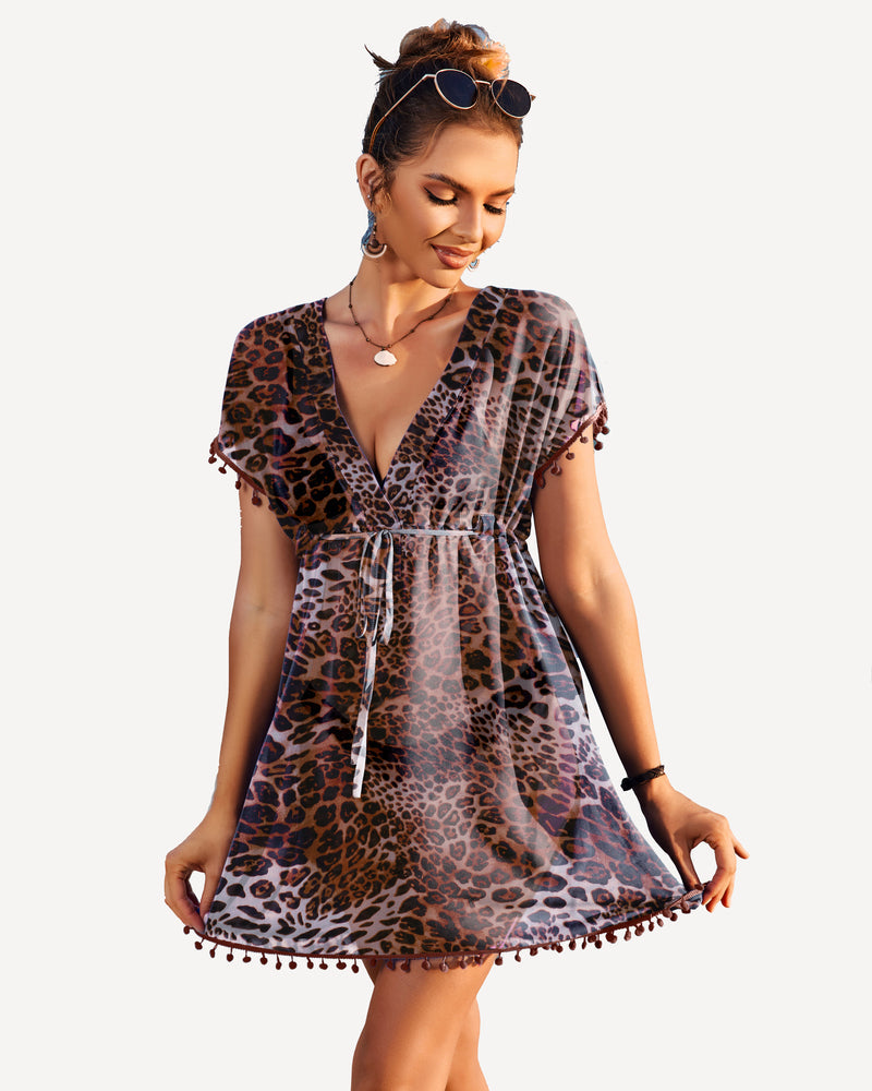 Leopard print chiffon kimono cover-up dress with tie waist and pom pom tassel trim