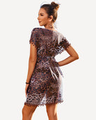 Leopard print swimsuit cover-up dress with short sleeves and tie waist