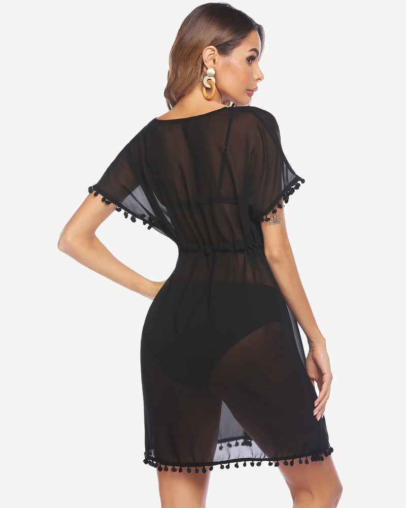 Black sheer swimsuit cover up with tie waist and pom-pom tassel-trimmed sleeves