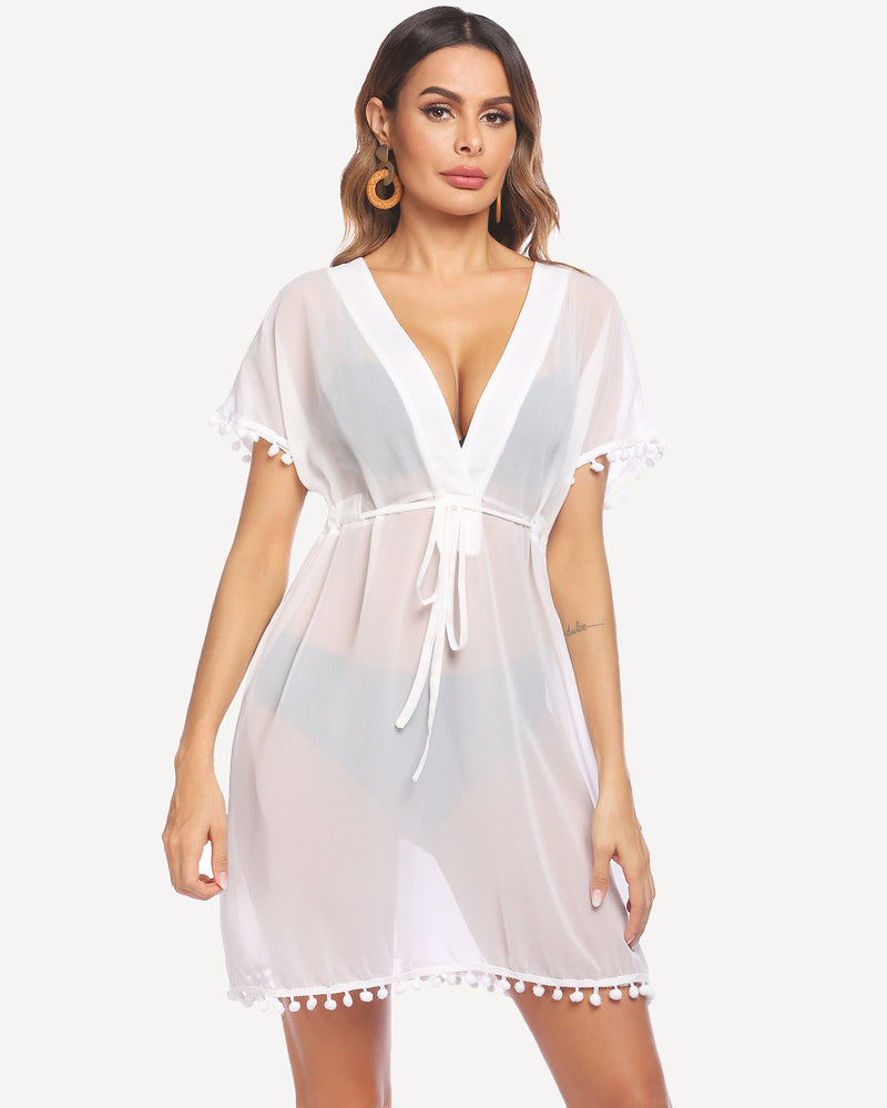 White chiffon kimono cover-up dress with tie waist and pom trim tassels