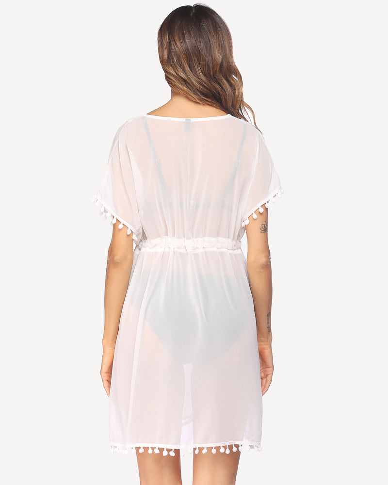White chiffon kimono cover-up dress with back V and pom pom trim hem