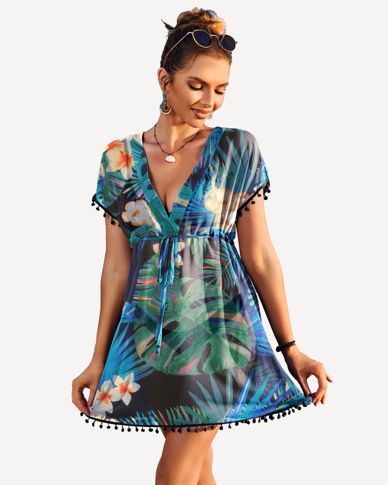Multicolor tropical print chiffon kimono swimsuit coverup, V-neck tie waist, tassel edge