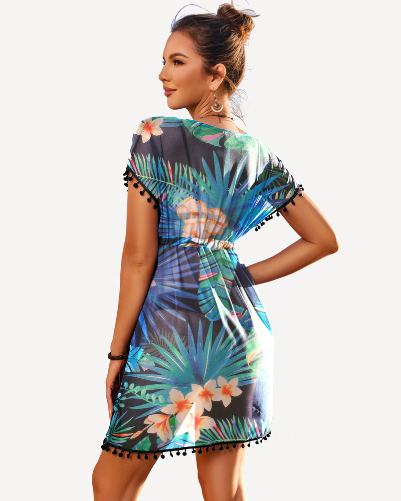 Tropical floral swimsuit cover-up dress in navy with tie waist and tassels