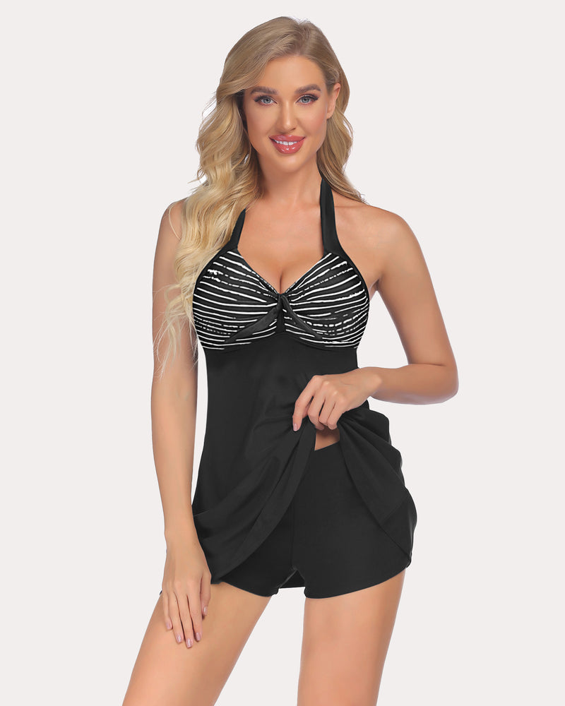 Black halter tankini with striped cups and tie-front with swim skirt overlay