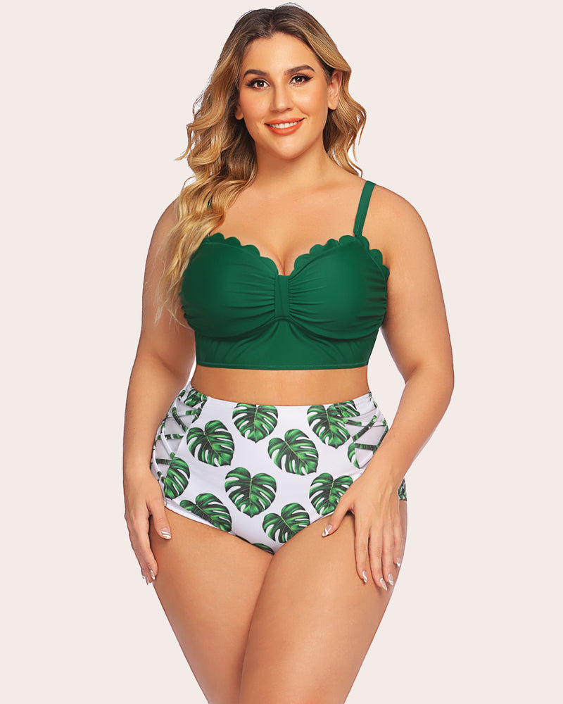 Tummy control two-piece swimwear set: green ruched bandeau top and white palm-print high-waist bottoms