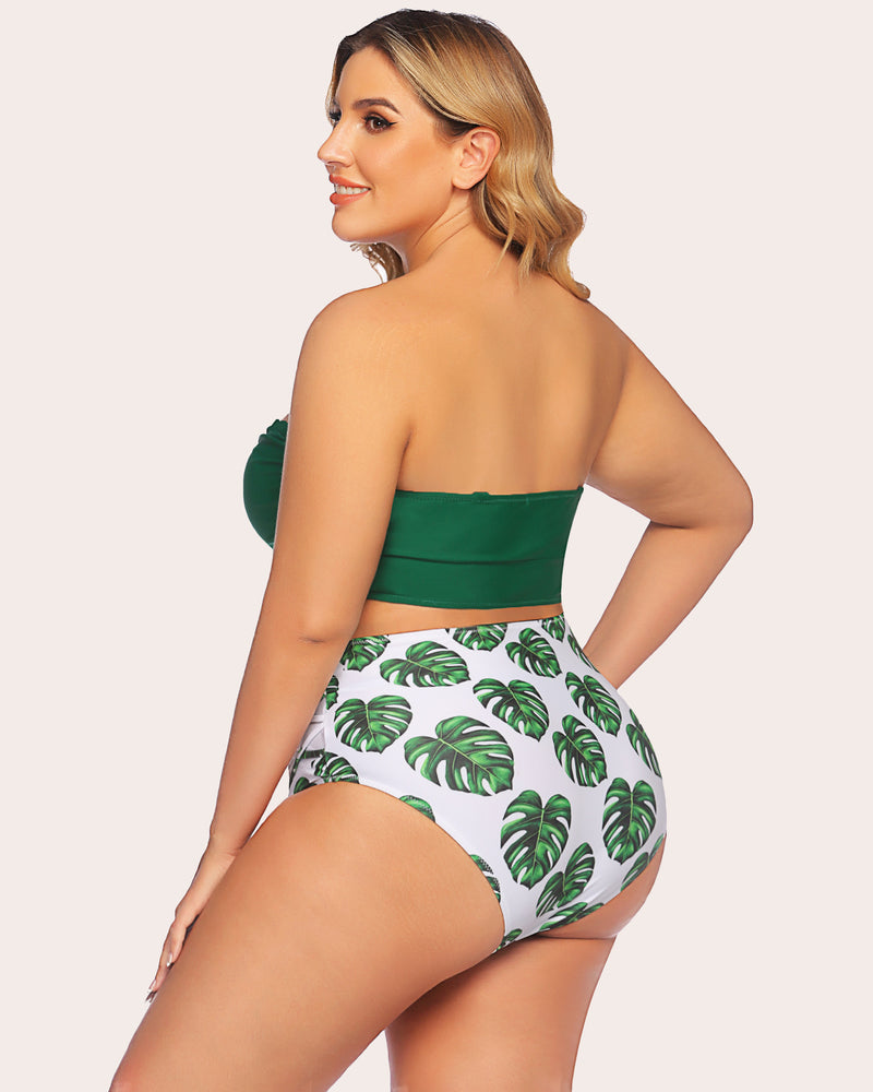 Tummy control two-piece swimwear set, side view: green bandeau top and white palm-print high-waist bottoms