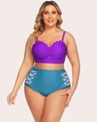 Tummy control two-piece swimwear set: purple ruched bandeau top and blue scale-pattern high-waist bottoms