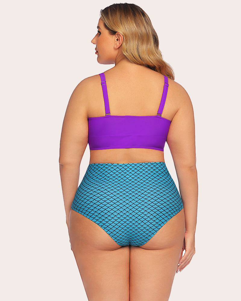 Tummy control two-piece swimwear set, back view: purple bandeau top with straps and blue scale bottoms