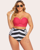 Tummy control two-piece swimwear set: pink scalloped strapless top and black-and-white striped high-waist bottoms