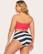 Tummy control two-piece swimwear set, back view: pink bandeau top and black-and-white striped high-waist bottoms
