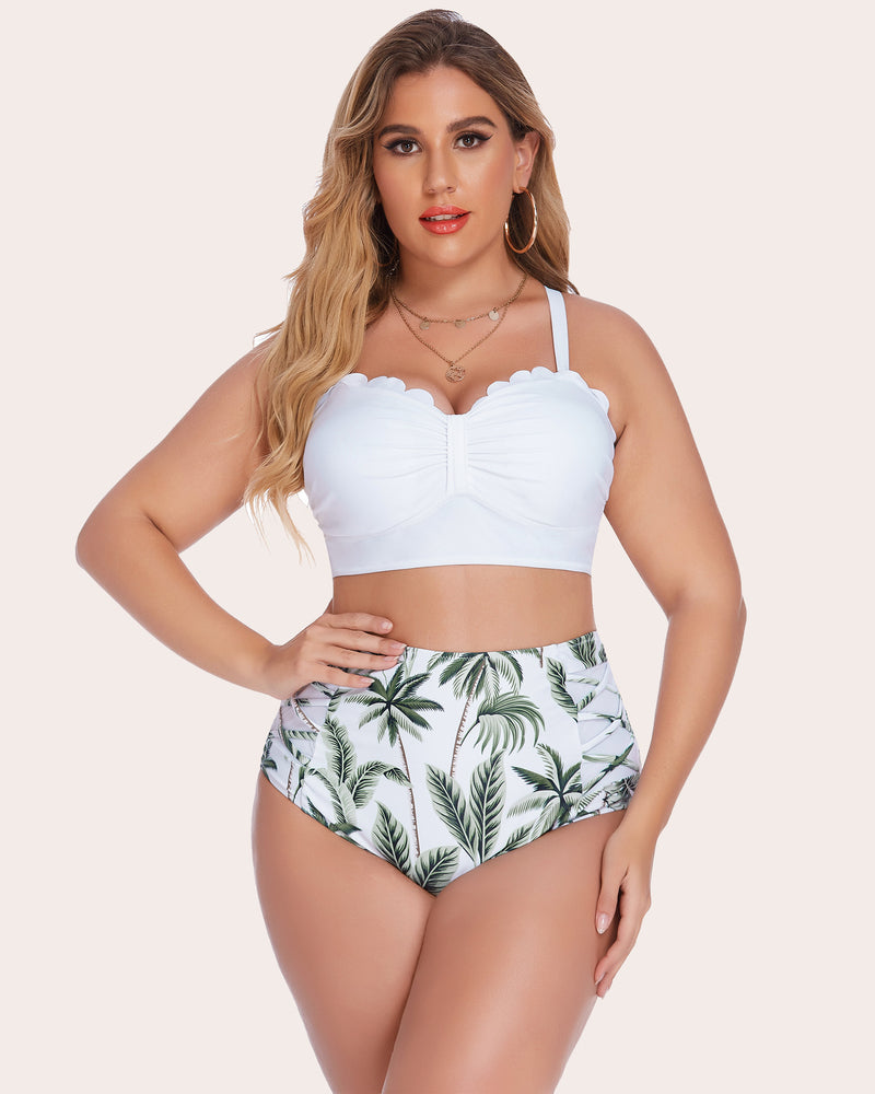 Tummy control two-piece swimwear set: white scalloped bandeau top and palm-print high-waist bottoms
