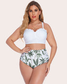 Tummy control two-piece swimwear set: white scalloped bandeau top and palm-print high-waist bottoms