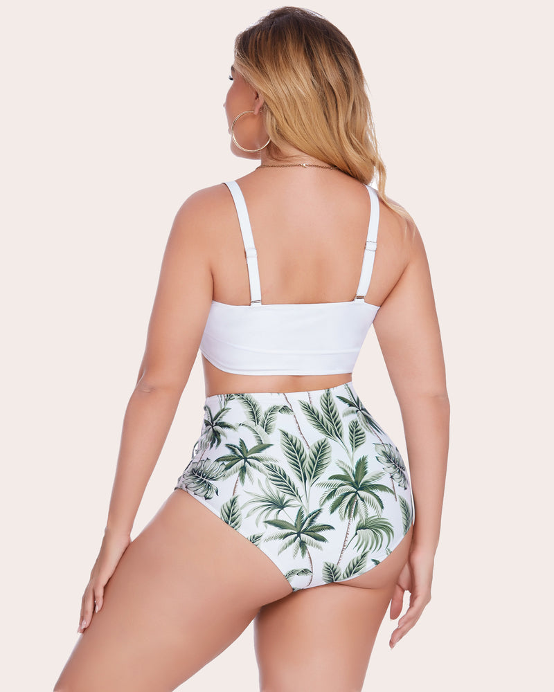 Tummy control two-piece swimwear set, back view: white bandeau top with straps and palm-print bottoms
