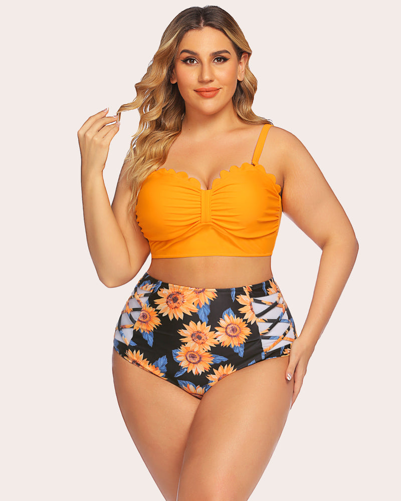 Tummy control two-piece swimwear set: orange ruched bandeau top and floral high-waist bottoms with side tie