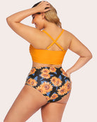 Tummy control two-piece swimwear set, back view: orange crisscross-strap bandeau and sunflower floral bottoms