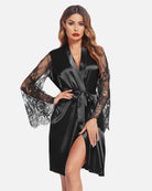 Black satin kimono robe with lace sleeves, V-neck, and tied waist belt